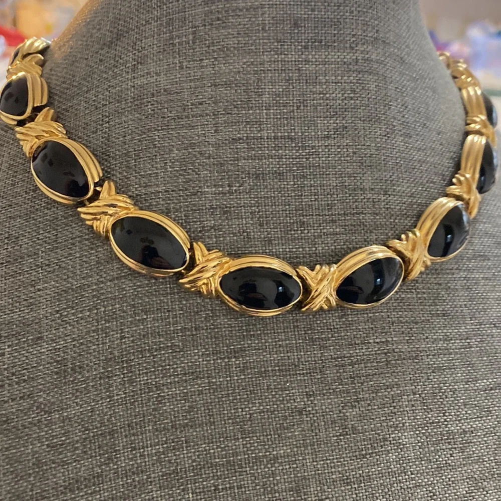Black Enamel Gold Tone Necklace - Picture 2 of 3